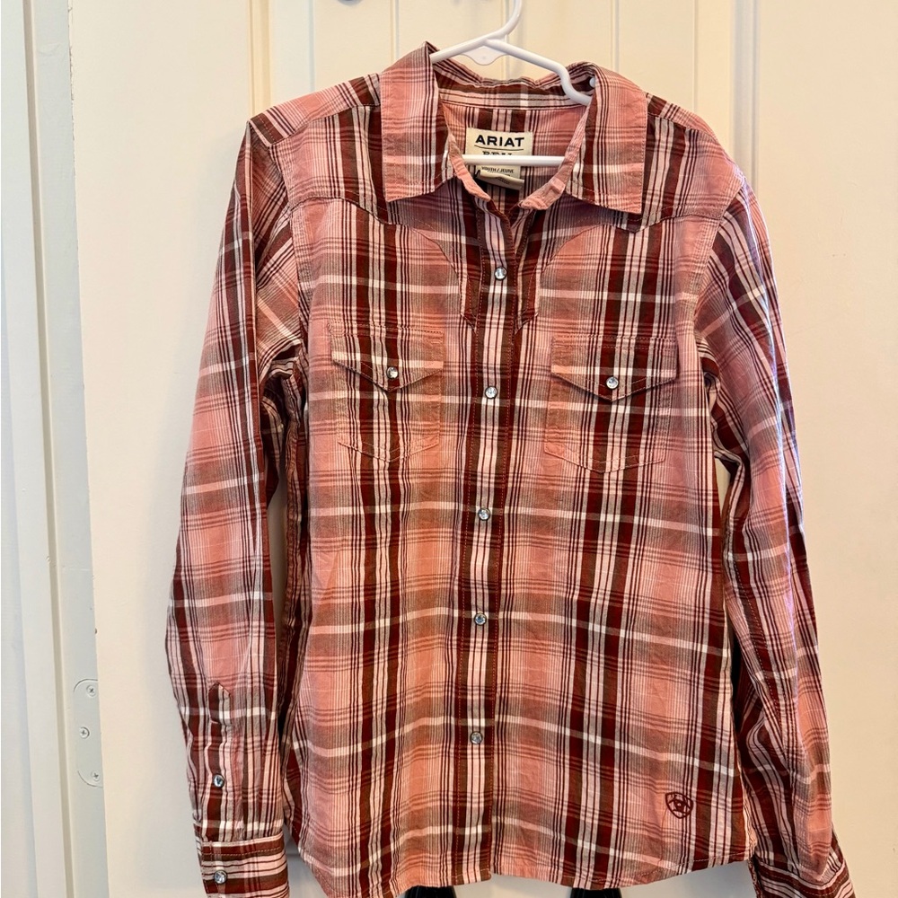 Ariat Girls Plaid Western Shirt Youth L Pink Snap Button